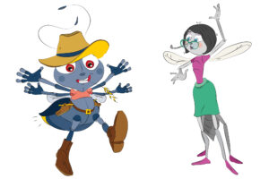 Kinderbuch Illustration: Character Stechmuecke und Gluehwurm im Cowboykostuem